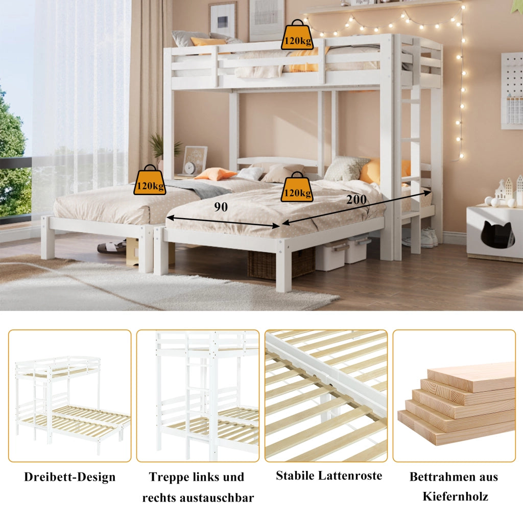 OKWISH Letto a Castello 90×200 cm, Letto 3 Posti con Scala Laterale e Sponda, senza Materasso, in Legno Massello, Bianco