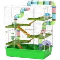 Gabbia Criceti a 5 Livelli con Tubi, Casetta, Serbatoio e Ruota, in Acciaio, PP e PS, 59x36x69 cm, Verde e Bianca