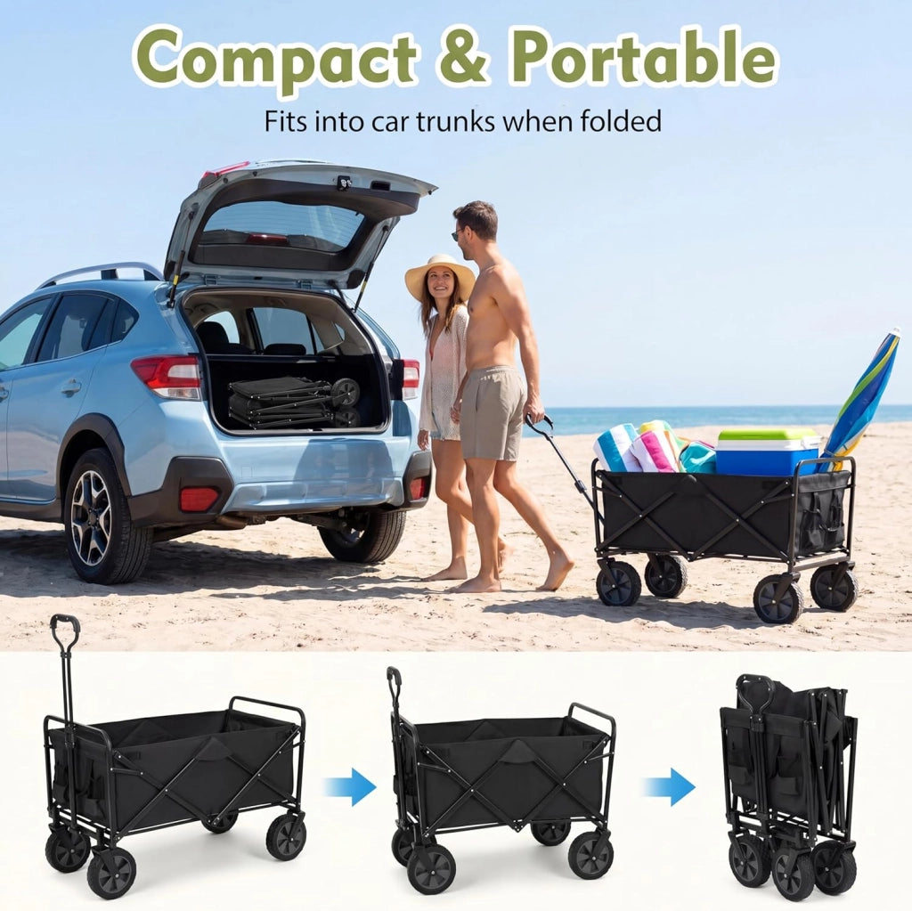 Carrello Spiaggia Pieghevole con Tetto, Carrello da Trasporto con Ruote Grandi e Borsa Portatutto, Carrello da Campeggio e Giardino, in Acciao Resistente, Chiusura Rapida, 100 KG, 100L (Nero)