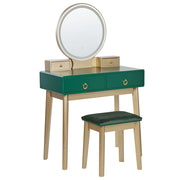 Toeletta in legno MDF e poliestere verde e dorata con sgabello e specchio LED camera da letto soggiorno