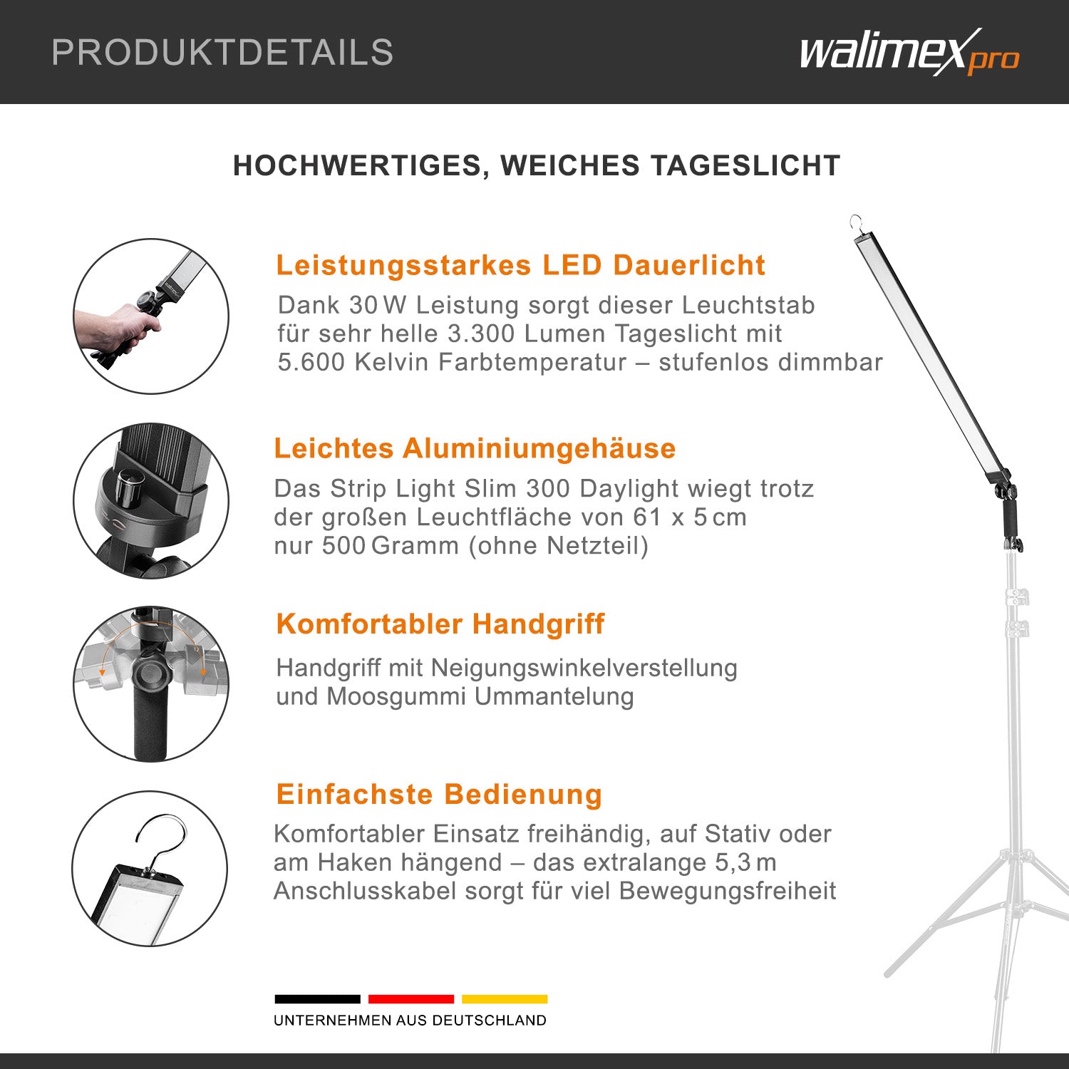 Barra LED fotografica Strip Light Slim 300 Daylight 30 W, luce per foto e video, con temperatura regolabile e luminosità dimmerabile, uso manuale o su stativo per faretti