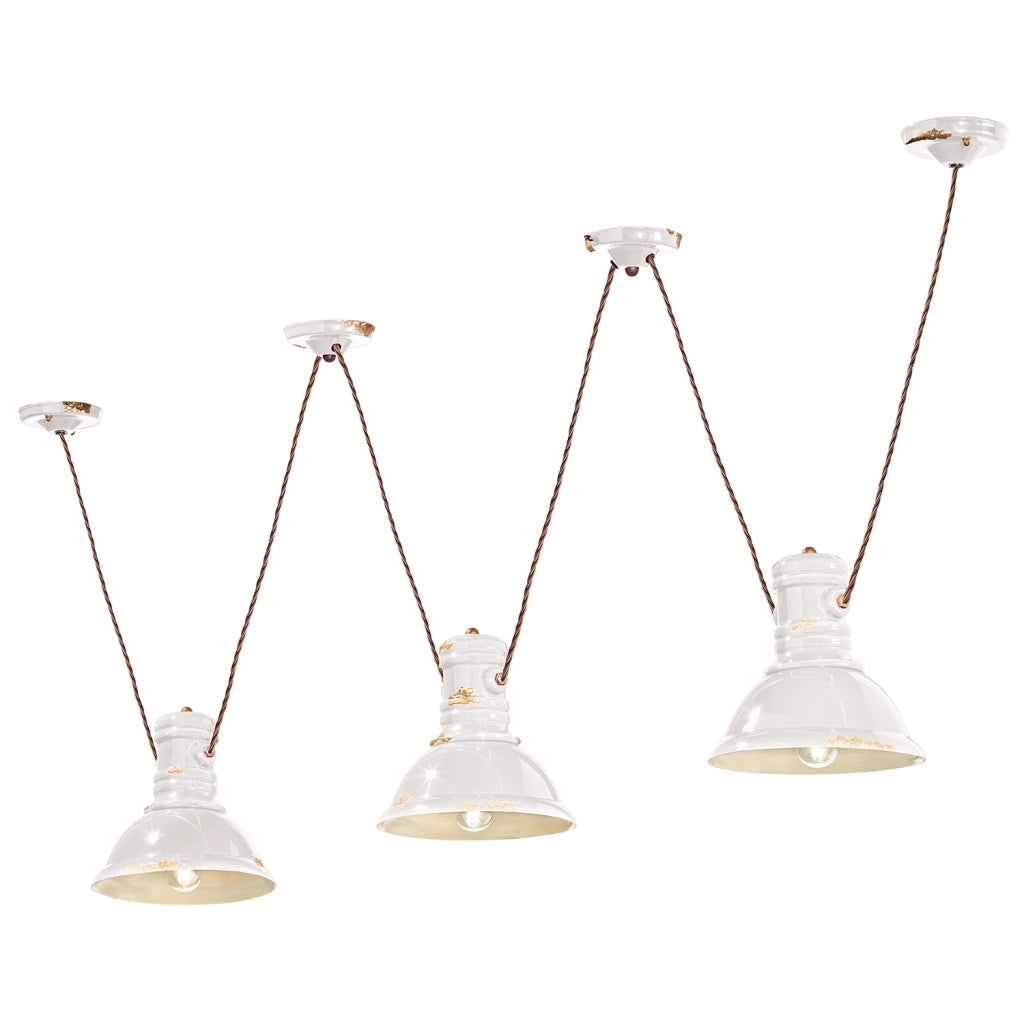 Lampadario Industrial Ferro E Ceramica Vintage Bianco 3 Luci E27