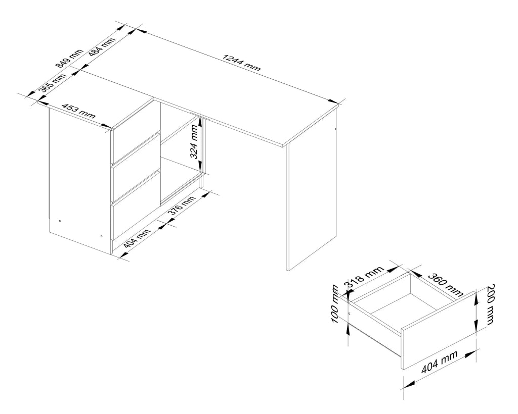 Scrivania angolare AKORD B16 Bianco 124 cm 3 cassetti 124x85x77 cm Modello a sinistra