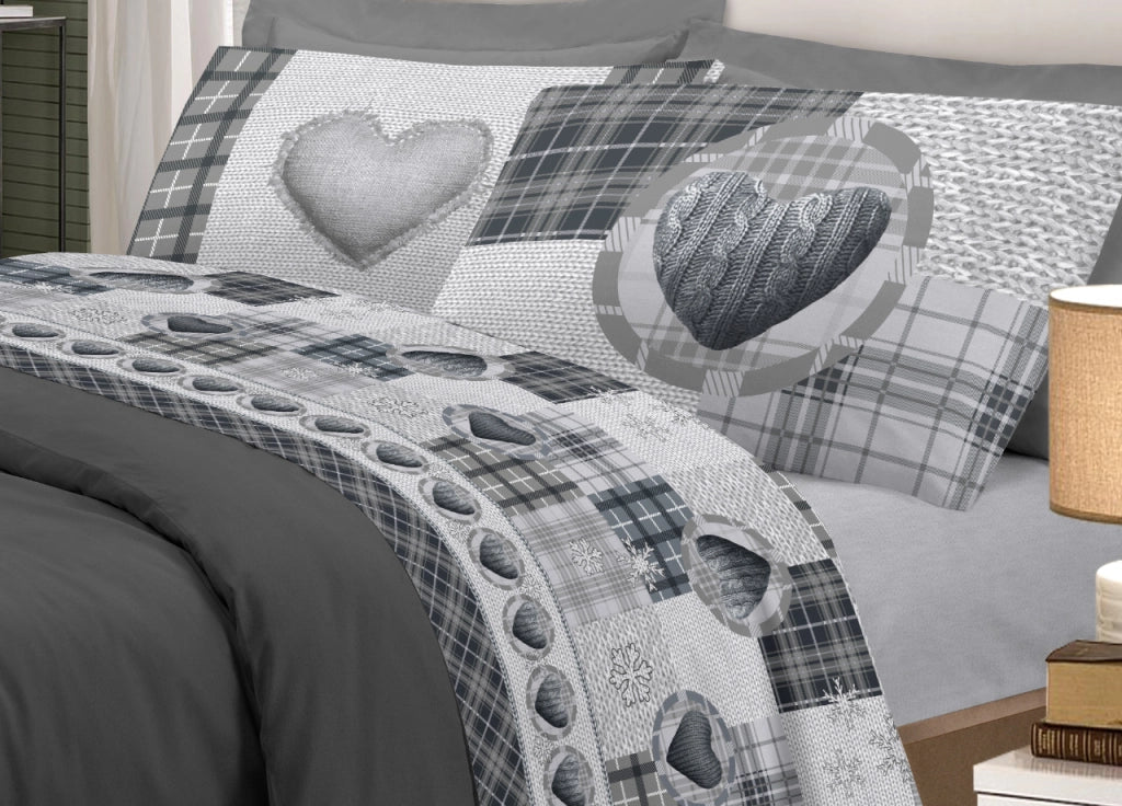 Completo Lenzuola Linea Pensieri Delicati 100% Cotone Disegno Love Mountain - Piazza E Mezza - Grigio