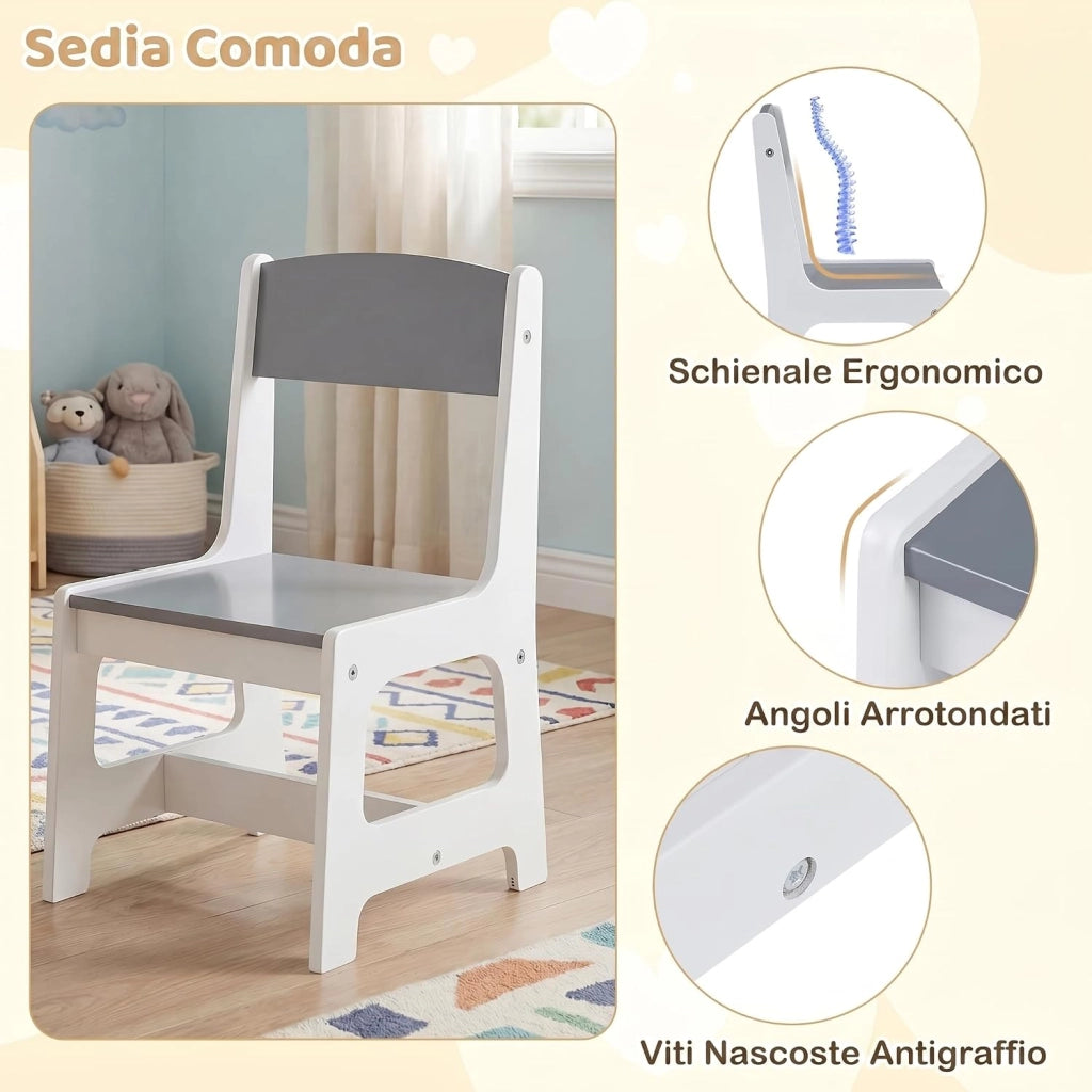 Set Tavolo e Sedia per Bambini 3+ Anni con Rotolo di Carta | Tavolo da Disegno Creativo con Vaschette per Colori e Contenitori in Tessuto, Mobile Montessori per Cameretta e Scuola