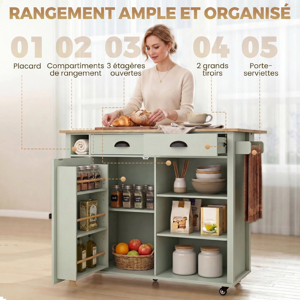 Tavolo da cucina allungabile con rotelle e cassetti ¨C zephmum ¨C verde 120x60x90 cm