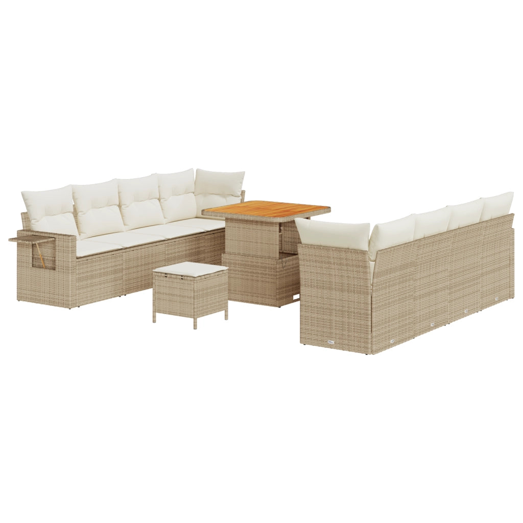 Set di Divani da Giardino con Cuscini in Polirattan Beige e Acacia da 11 Pezzi