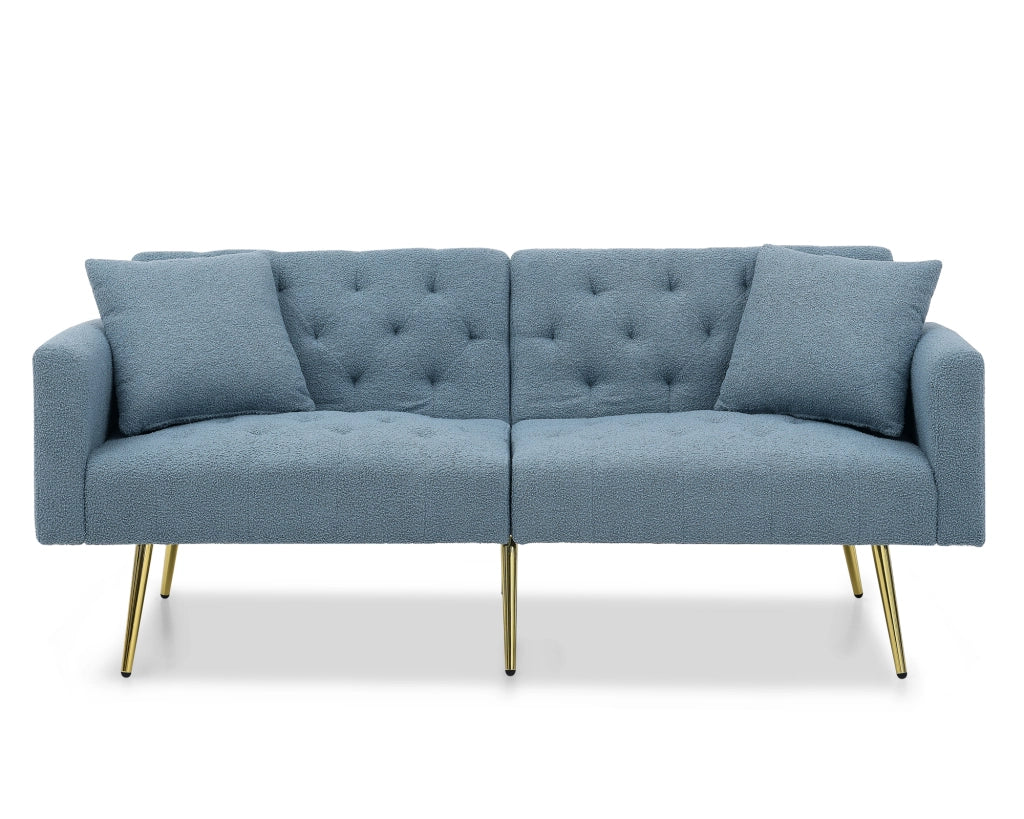 Divano a 2 posti con schienale reclinabile a 3 livelli e 2 cuscini, gambe in metallo dorato, teddy fleece blu