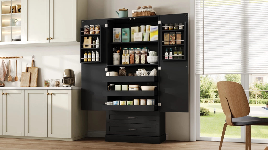 Credenza alta freestanding in MDF con 3 ripiani estraibili, 2 cassetti e ante con vani portaoggetti