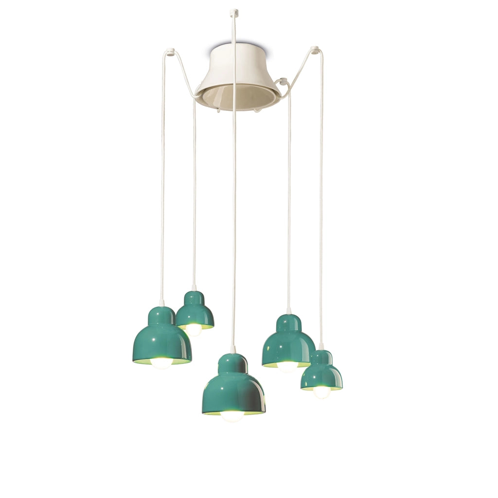Lampadario Vintage Decò Berimbau Ceramica Turchese 3 Luci E27