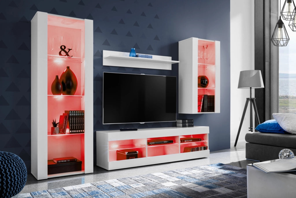 Set Di Mobili Porta TV Tivoli Medio, Komodee, Bianco/Bianco, LED RGB, Larghezza 245 cm x Altezza 159 cm x Profondità 35 cm, Per soggiorno, Camera da letto