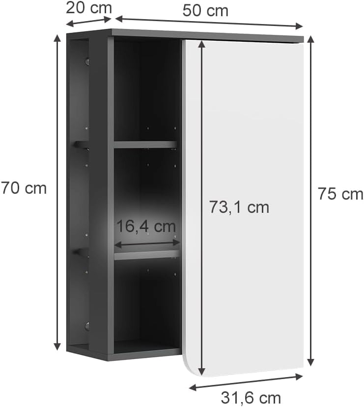 mobile bagno Karen, Antracite/bianco, 50 x 75 cm con porta e vani aperti