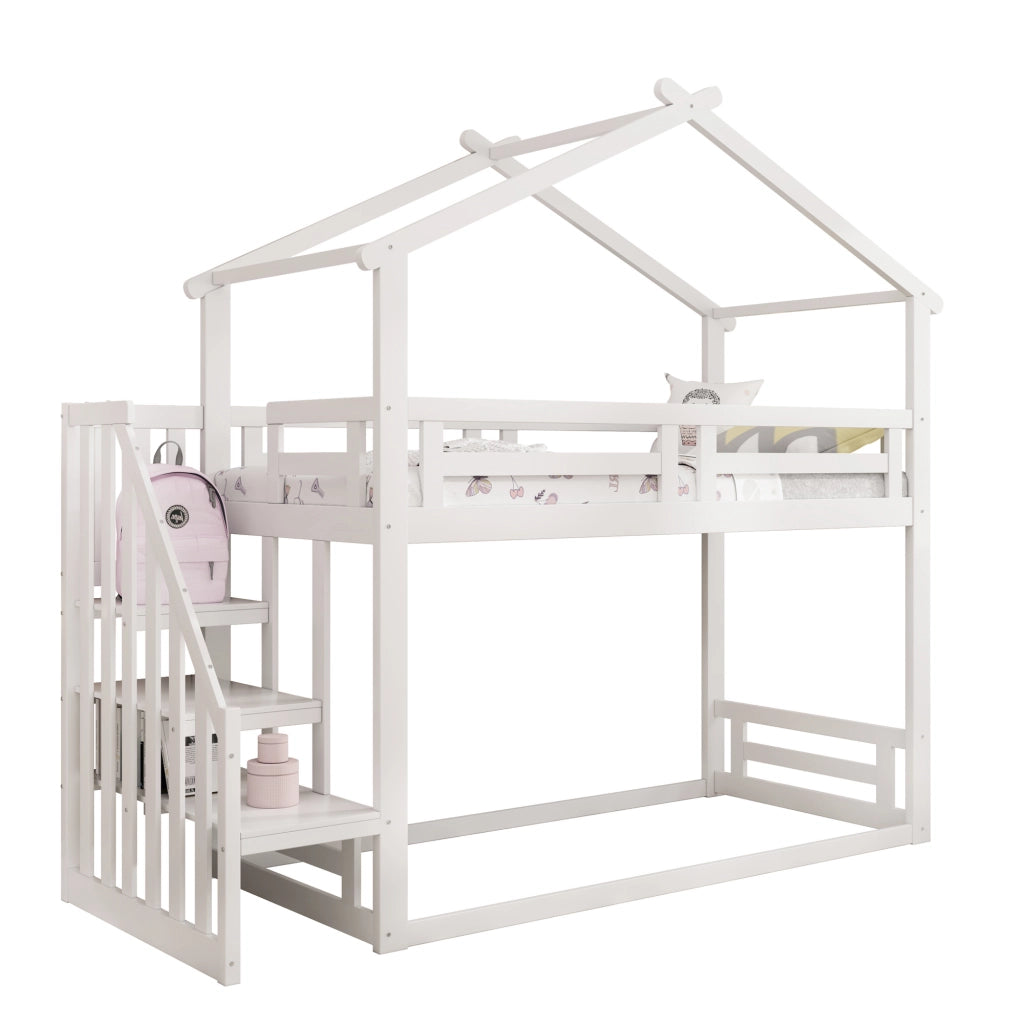 OKWISH Letto a castello 90×200 cm, Letto Singolo con Scala di Sicurezza, Scaffali Contenitori e Sponde, senza Materasso, Bianco