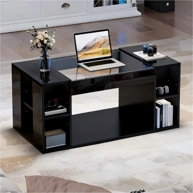 Tavolino da Caff¨¨ con Piano in Vetro Temperato e LED ¨C MINIMAL ¨C Nero, MDF, 100x50x40