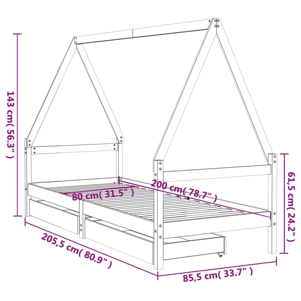 Giroletto Bambini | Letto Infantile | Lettino con Cassetti 80x200 cm Legno Massello di Pino