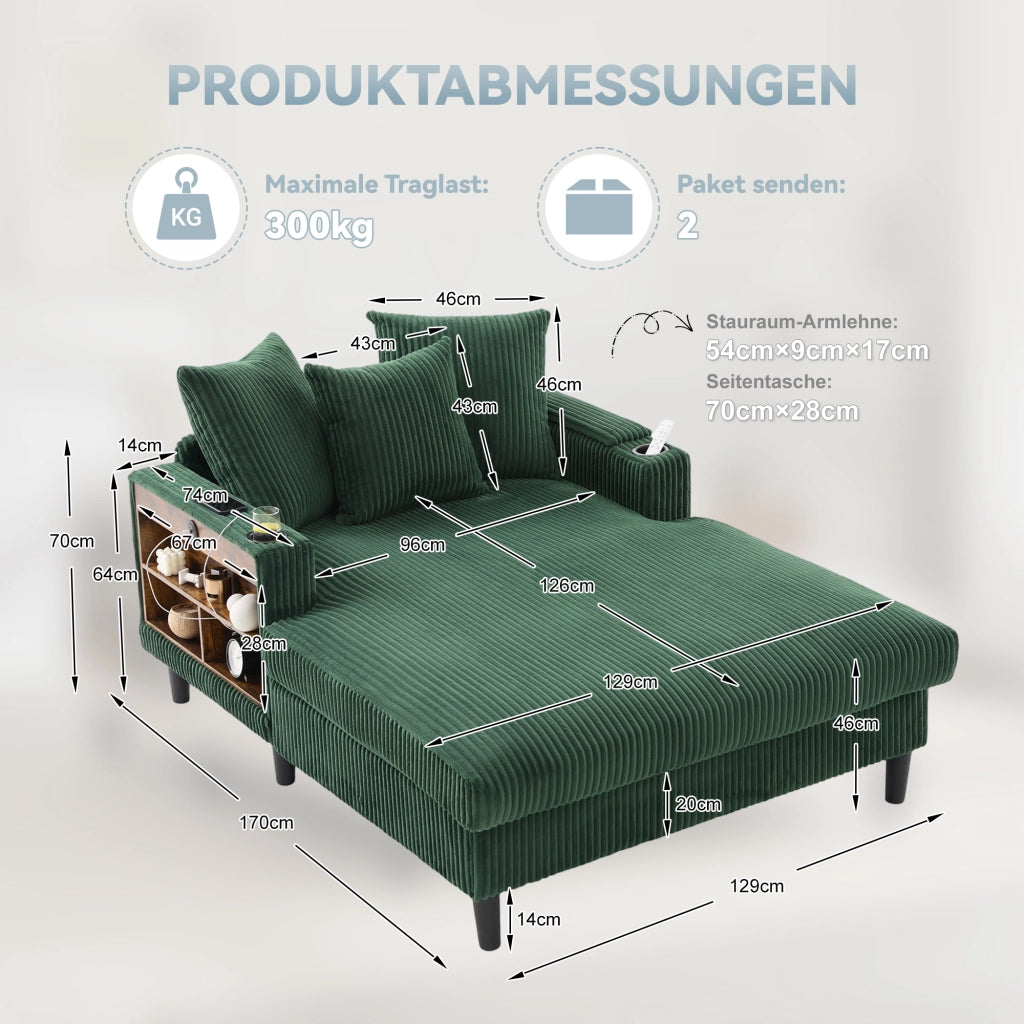 Divano Angolare in Velluto a Coste con Chaise Longue ¨C MINIMAL ¨C con LED, USB, Contenitore, Portabicchieri