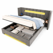 Letto matrimoniale 180x200 cm con contenitore idraulico; USB e LED in velluto grigio scuro