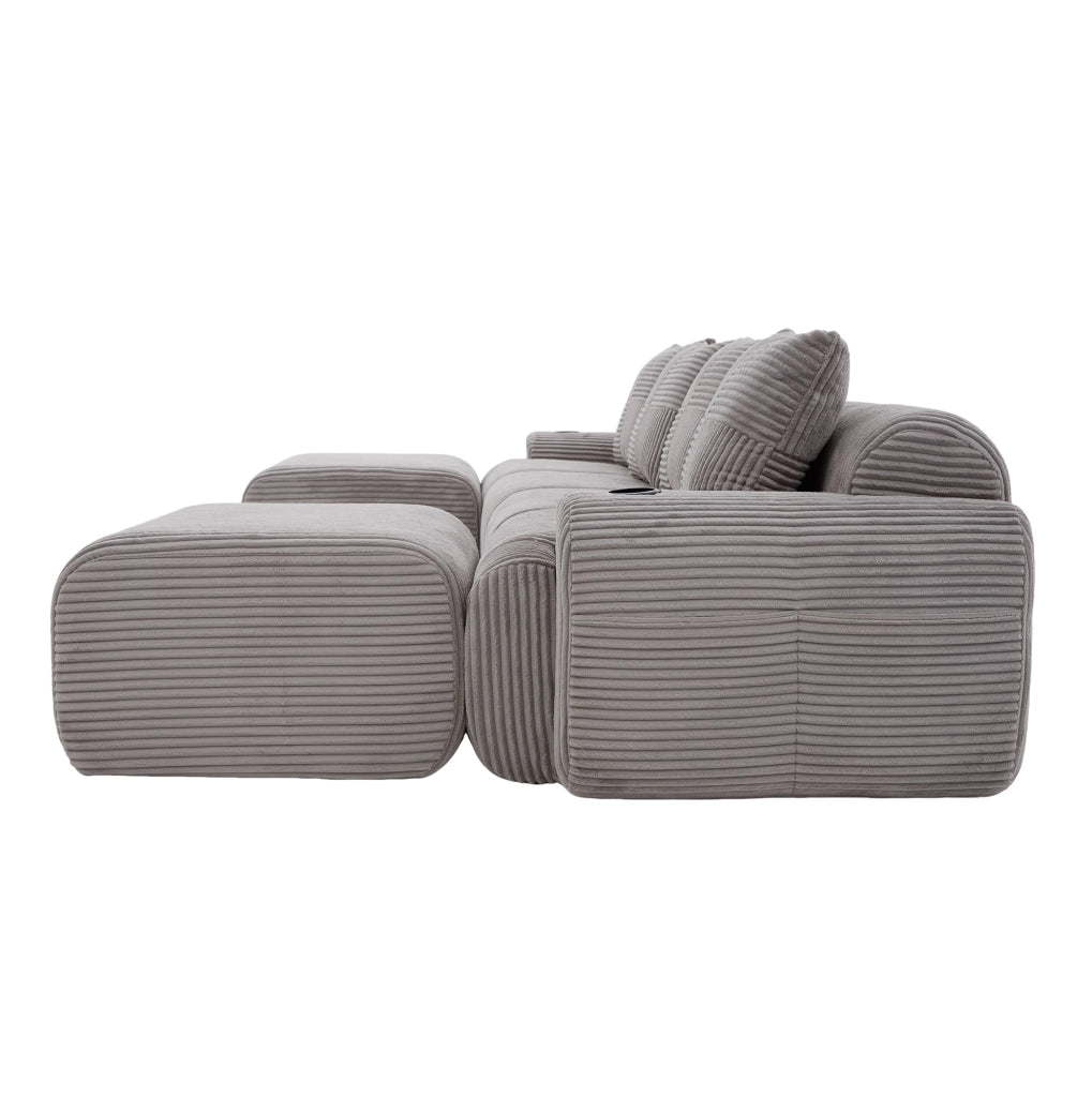 Divano modulare 4 posti in corduroy grigio chiaro con portabicchiere e tasca laterale 333x174x80 cm