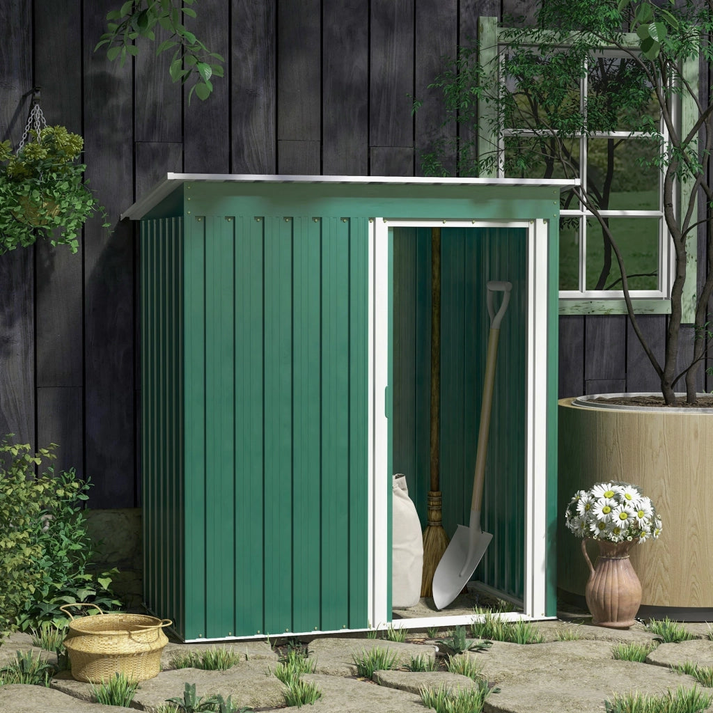 Casetta Porta Attrezzi con Tetto Inclinato e Porta Scorrevole 163x89x182 cm in Acciaio Zincato Verde