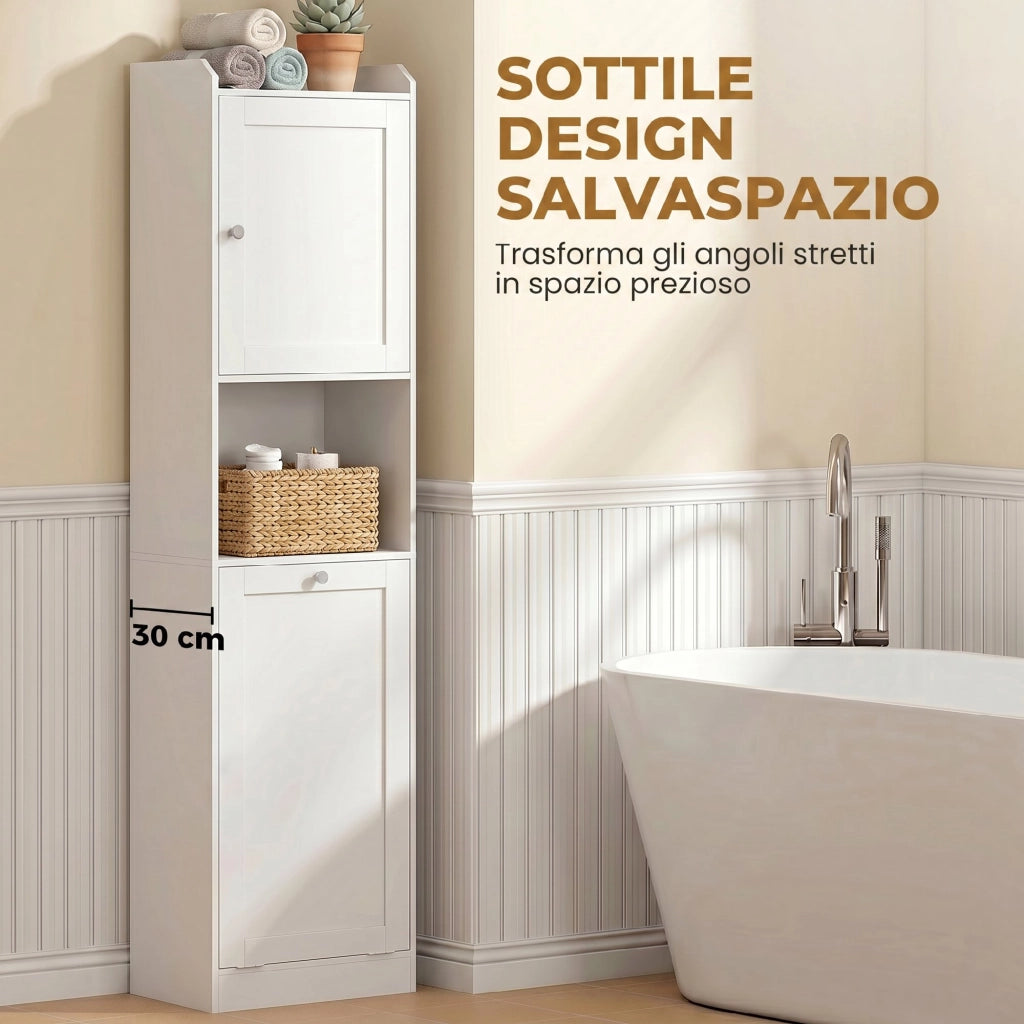Mobile Bagno Alto con Cesto a Ribalta e Mensole, 40x30x170 cm, Bianco