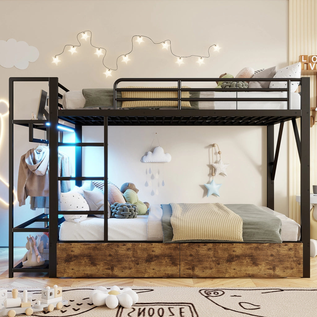 OKWISH Letto a Castello 140×200 cm, Letto Matrimoniale con 2 Cassetti, Mensole, LED Regolabile e Barra Appendiabiti, senza Materasso, Nero