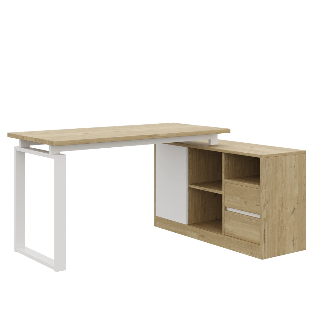 Scrivania Angolare con Cassetti e Ripiani ¨C MINIMAL ¨C Legno Naturale e Bianco 152x113x76