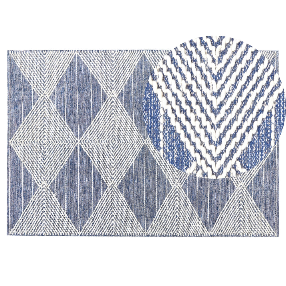 Tappeto in lana beige chiaro e blu poliestere 140 x 200 cm motivo geometrico intrecciato a mano boho soggiorno camera da letto
