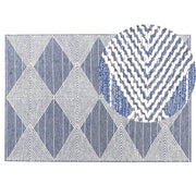 Tappeto in lana beige chiaro e blu poliestere 140 x 200 cm motivo geometrico intrecciato a mano boho soggiorno camera da letto