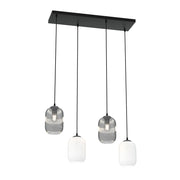 Lampadario 4 Luci Selene In Acciaio Nero E Vetri Plissettati In Bianco E Fumè