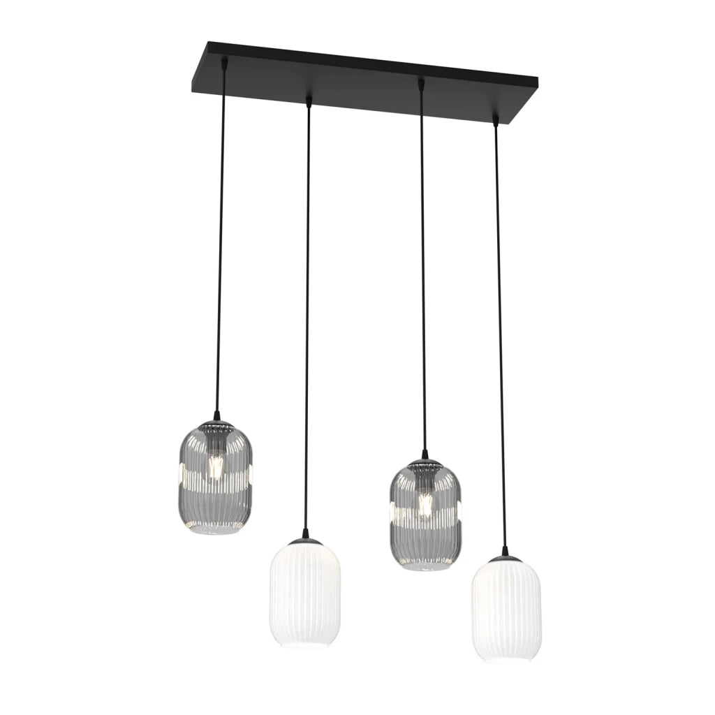 Lampadario 4 Luci Selene In Acciaio Nero E Vetri Plissettati In Bianco E Fumè