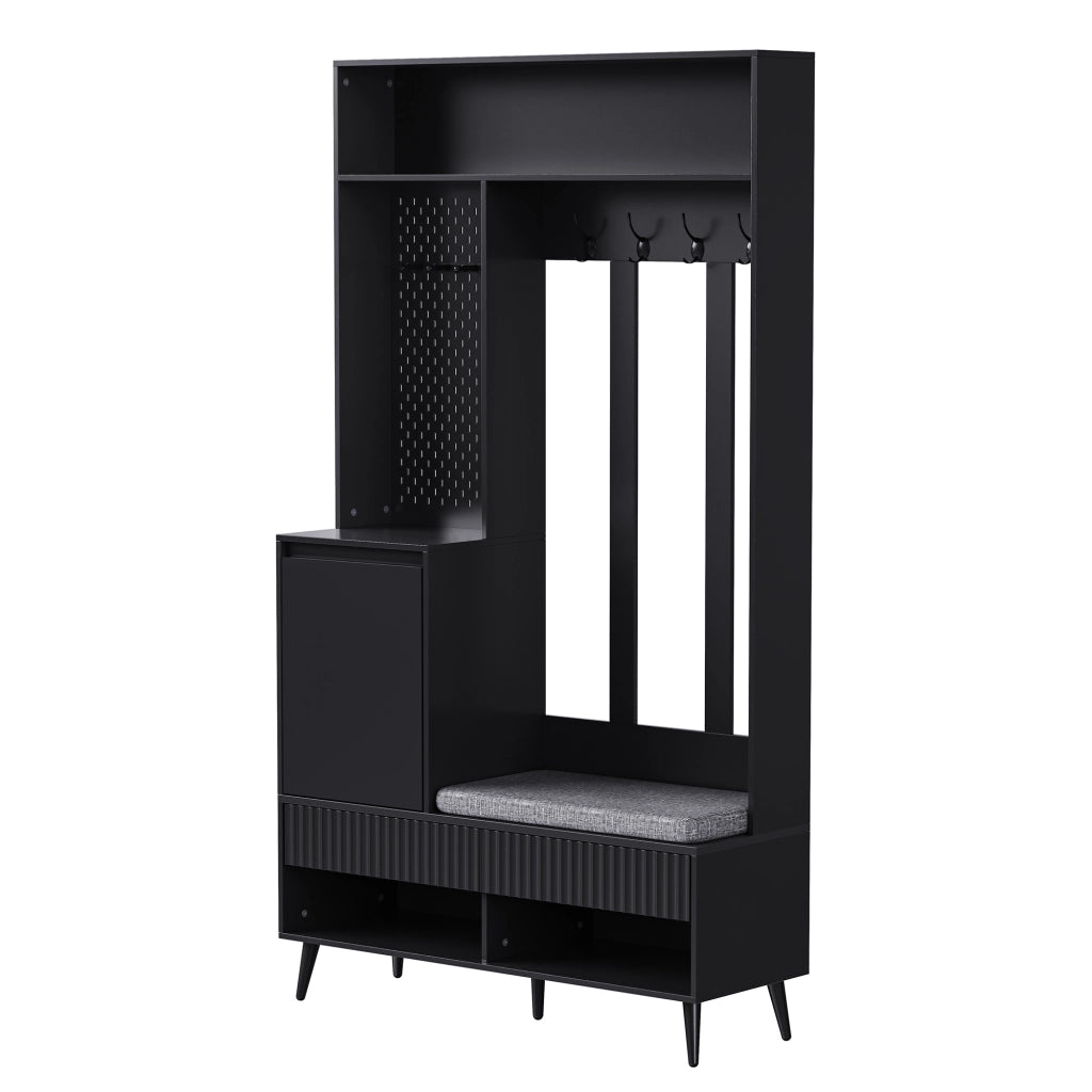 Mobile da Ingresso con 1 Anta; 2 Cassetti; Ripiani Aperti e 4 Ganci; con Panca; per Ingresso; in MDF; 100 × 35 × 180 cm; Nero