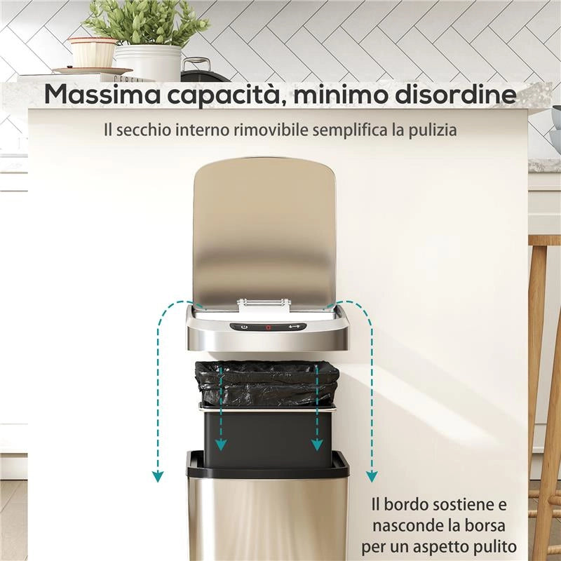 CESTINO RIFIUTI DA 12L A INFRAROSSI CON SECCHIO RIMOVIBILE, IN ACCIAIO INOX, ABS E PP, 28X22X41 CM, ARGENTO