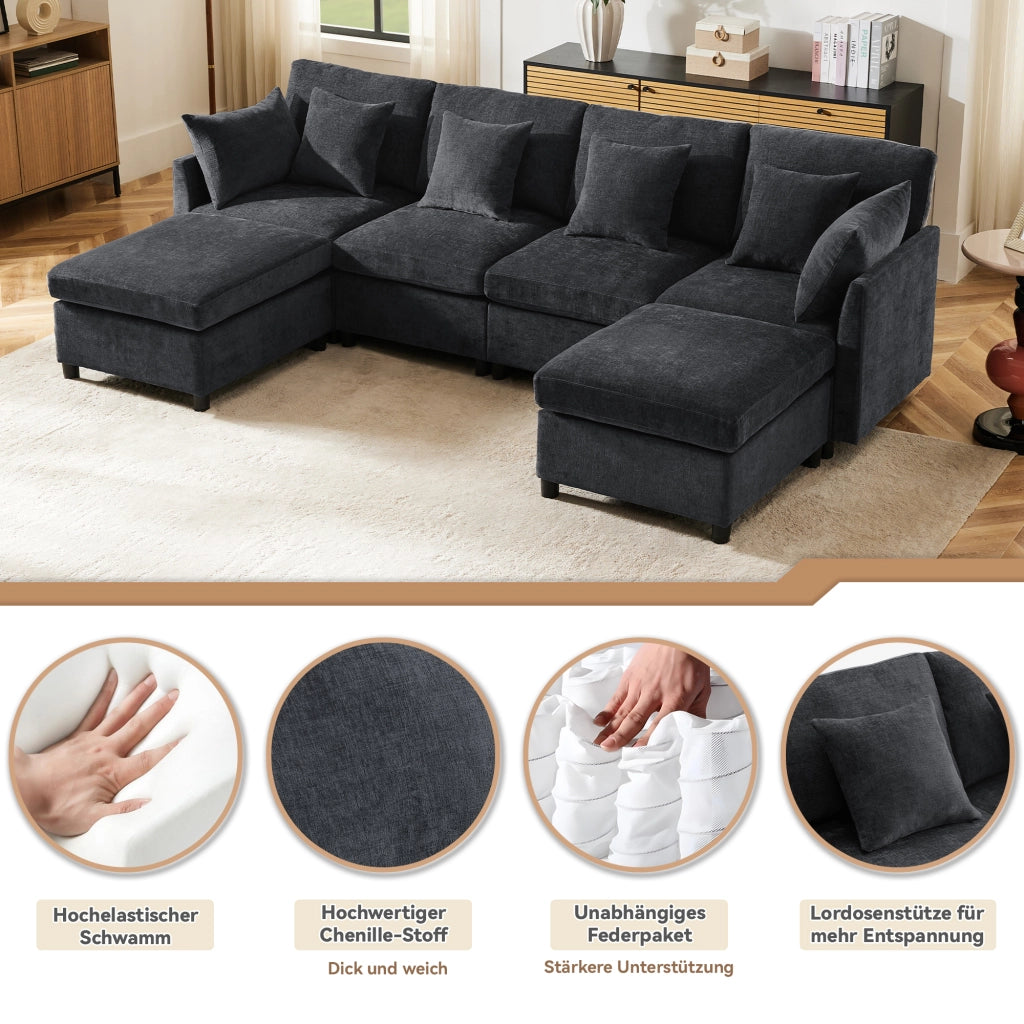 Divano Modulare 4-6 Posti Convertibile a U o L con 2 Pouf e 6 Cuscini, in Ciniglia Grigio