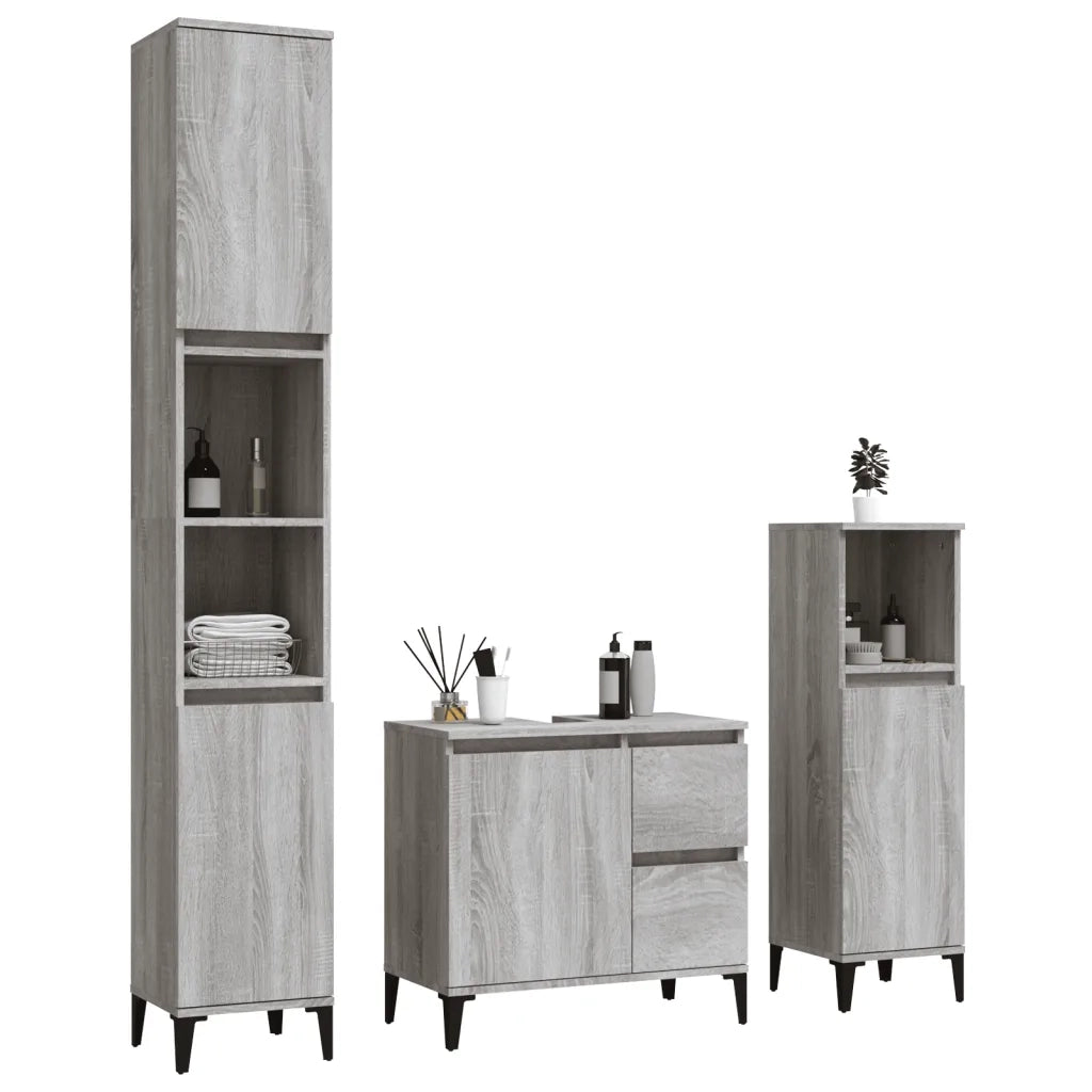 Set Mobili da Bagno | Armadio da bagno 3 pz Grigio Sonoma in Legno Multistrato