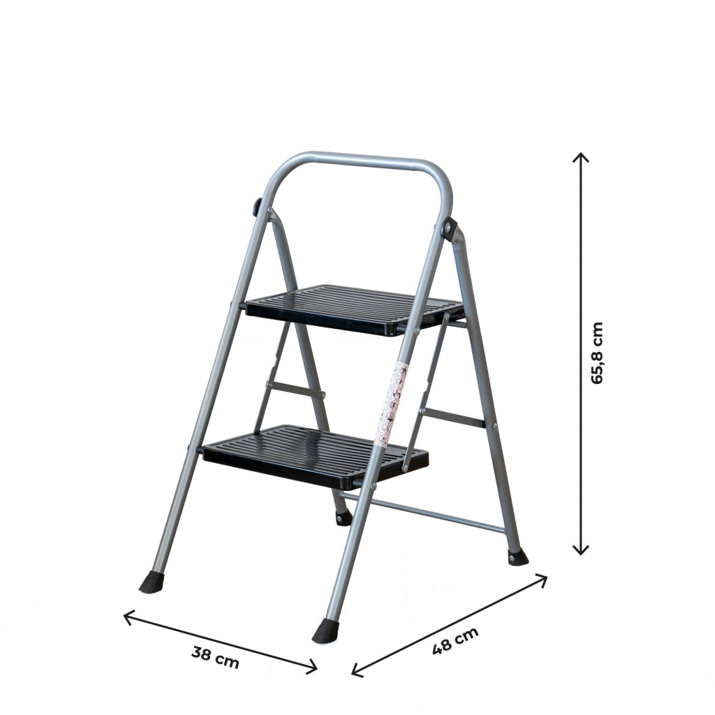 Scala pieghevole in metallo 2 o 3 gradini – Gradini e piedini antiscivolo, portata 150 kg, certificata EN 141, richiudibile e salvaspazio 2 Gradini