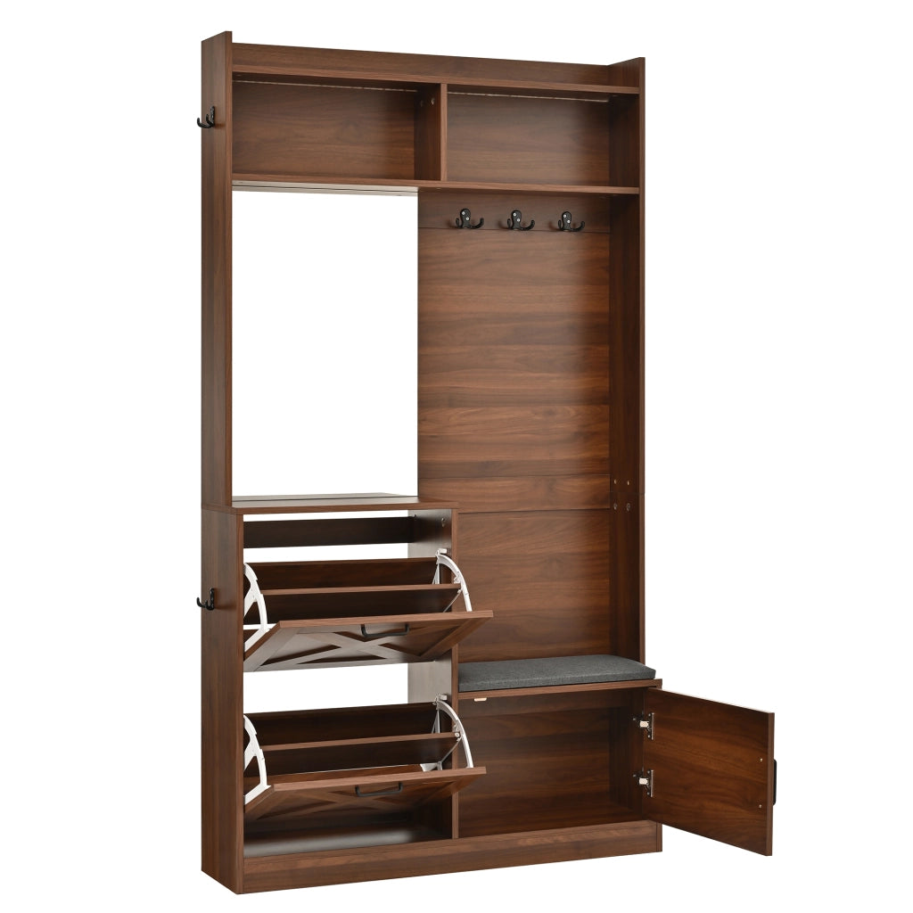Mobili da ingresso con specchio; 2 vani ribaltabili per scarpe; LED regolabile via app; panca; noce; 100 × 25 × 180 cm