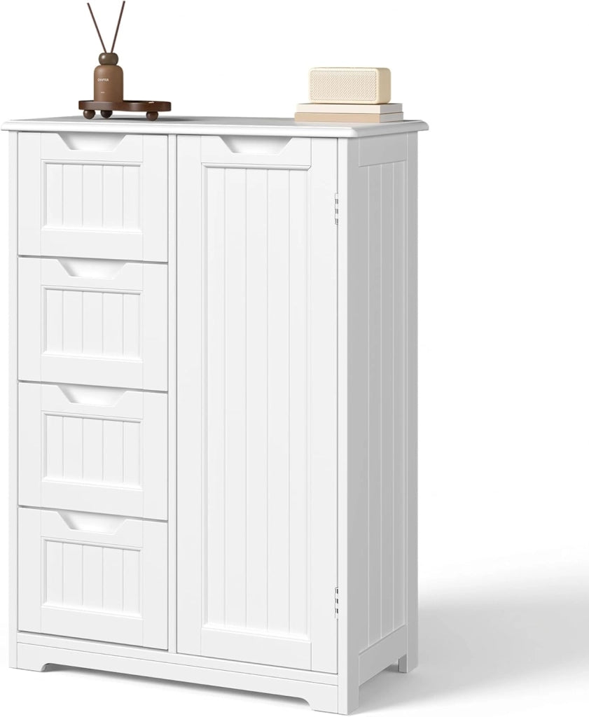Armadietto per bagno con 4 cassetti, Armadietto autonomo, Armadietto laterale con anta e divisore regolabile, per bagno, ingresso, 30x60x85CM,Bianco