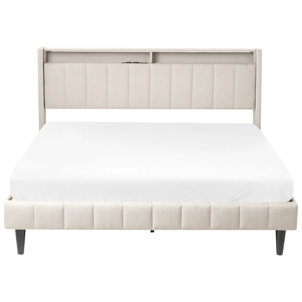 Letto matrimoniale LED Beige Tessuto EU Super King Size 160 x 200 cm Testiera imbottita con porta USB Desing moderno