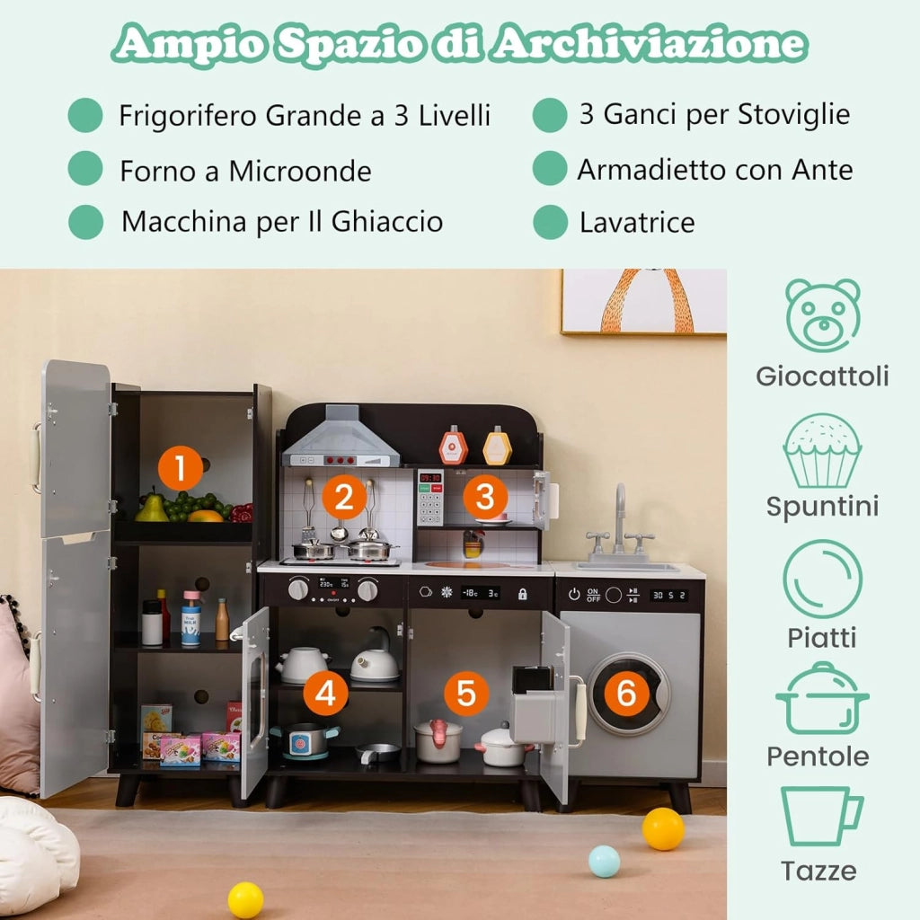 Cucina Giocattolo per Bambini, Cucina per Bambini con Frigorifero, Macchina del Ghiaccio, Lavatrice, Forno, Microonde, Lavello e Rubinetto, Con Luci e Suoni, per Bambini 3+ Anni (Marrone)