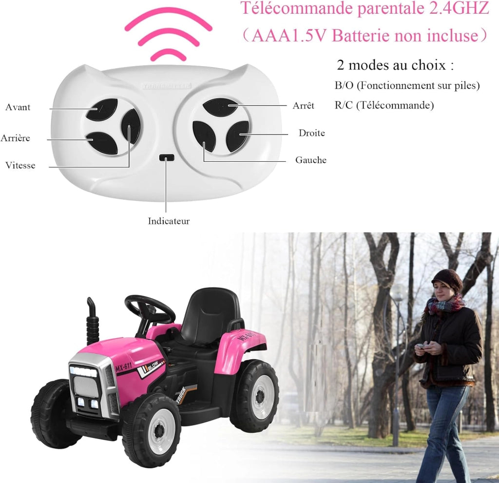 Trattore Elettrico per Bambini 12V con Rimorchio Rimovibile, Trattore Cavalcabile con Telecomando e Pedale Acceleratore, Veicolo con Multimedia, Clacson e Luci, Carico 30 kg (Rosa)