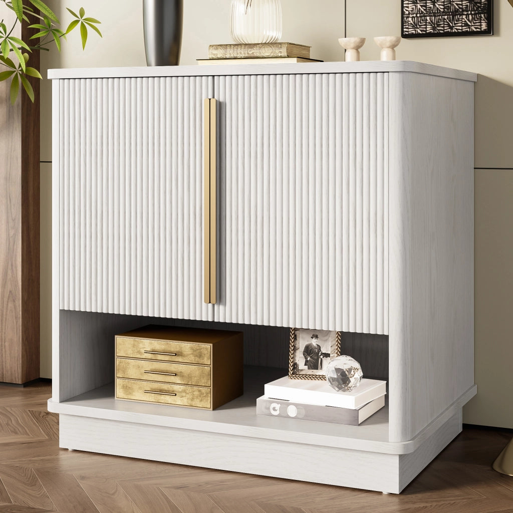 Mobile Scarpiera con 2 Ante e Vano a Giorno; Maniglie Dorate; Moderno; in MDF; Bianco Effetto Legno; 60×40×61 cm
