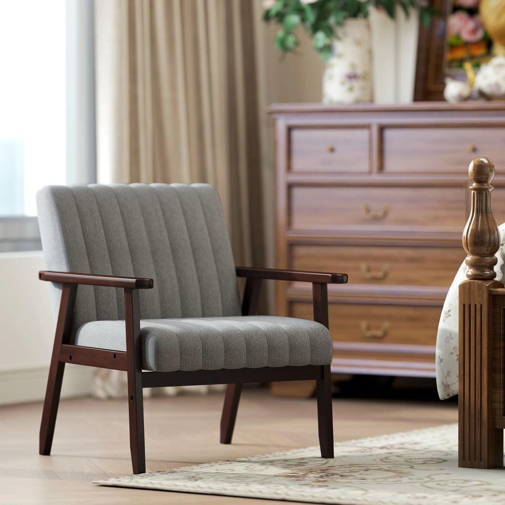 Poltroncina da Camera Moderna Imbottita in Tessuto e Legno con Cuciture Tubolari, Grigio