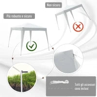 Gazebo Pieghevole da Giardino 2.4x2.4m con Struttura in Acciaio e Corde Antivento, Bianco