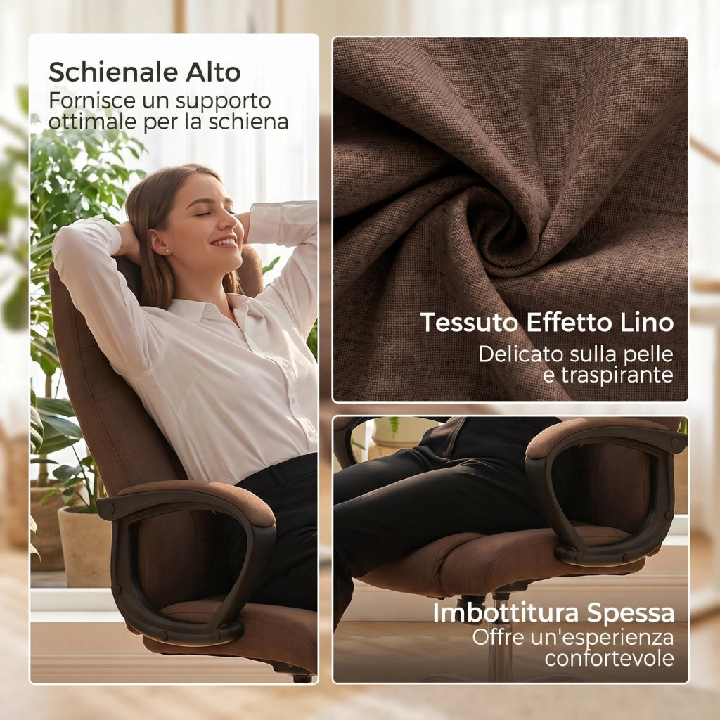 Sedia da Ufficio Ergonomica 62x76x110-119 cm Reclinabile e Girevole con Poggiatesta in Tessuto Effetto Lino Marrone