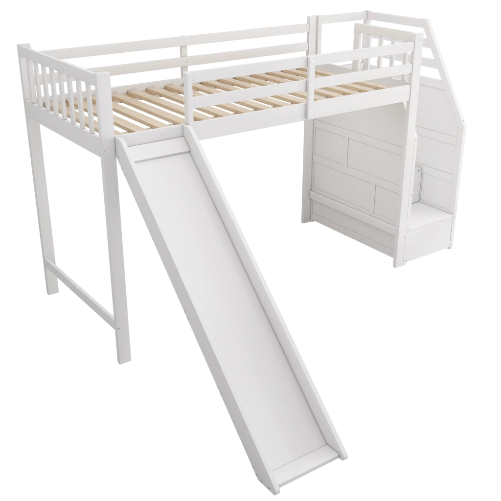 Letto a castello bianco in pino con scivolo e scala portante 90x200 cm