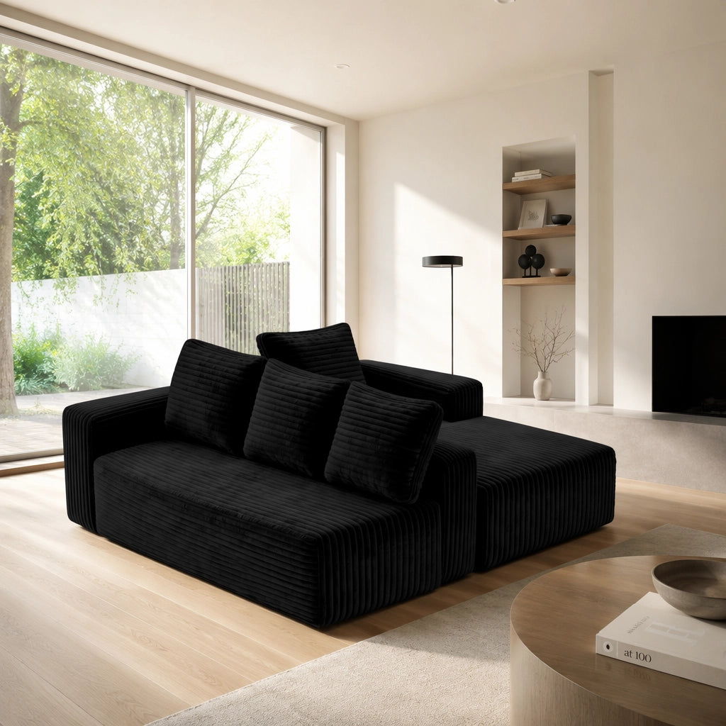 Divano modulare angolare con chaise longue reversibile e seduta profonda in corduroy nero