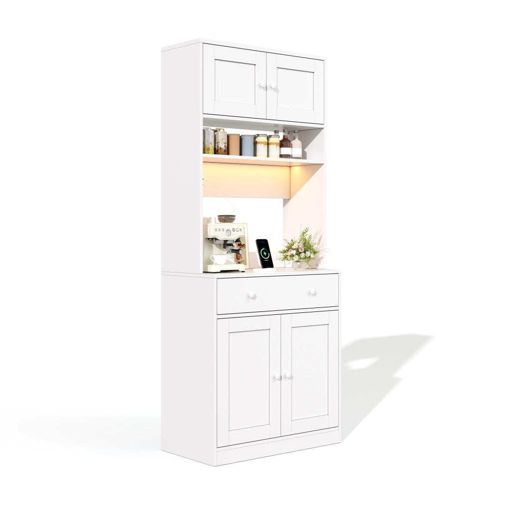 Credenza da cucina alta 180 cm con LED, prese e ampio spazio contenitivo, bianco