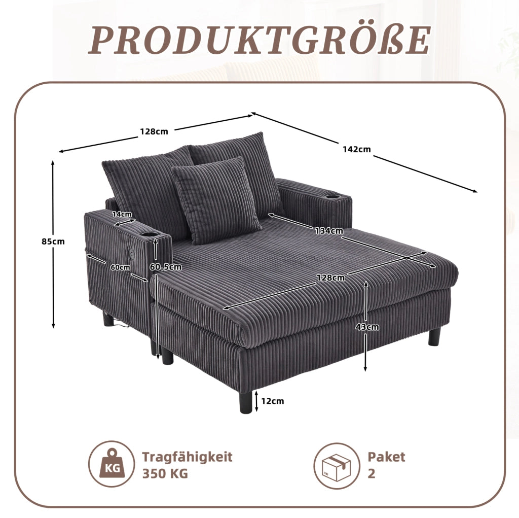 Poltrona relax oversize con LED; USB e portabicchieri 142x128x85 cm in velluto a coste grigio scuro