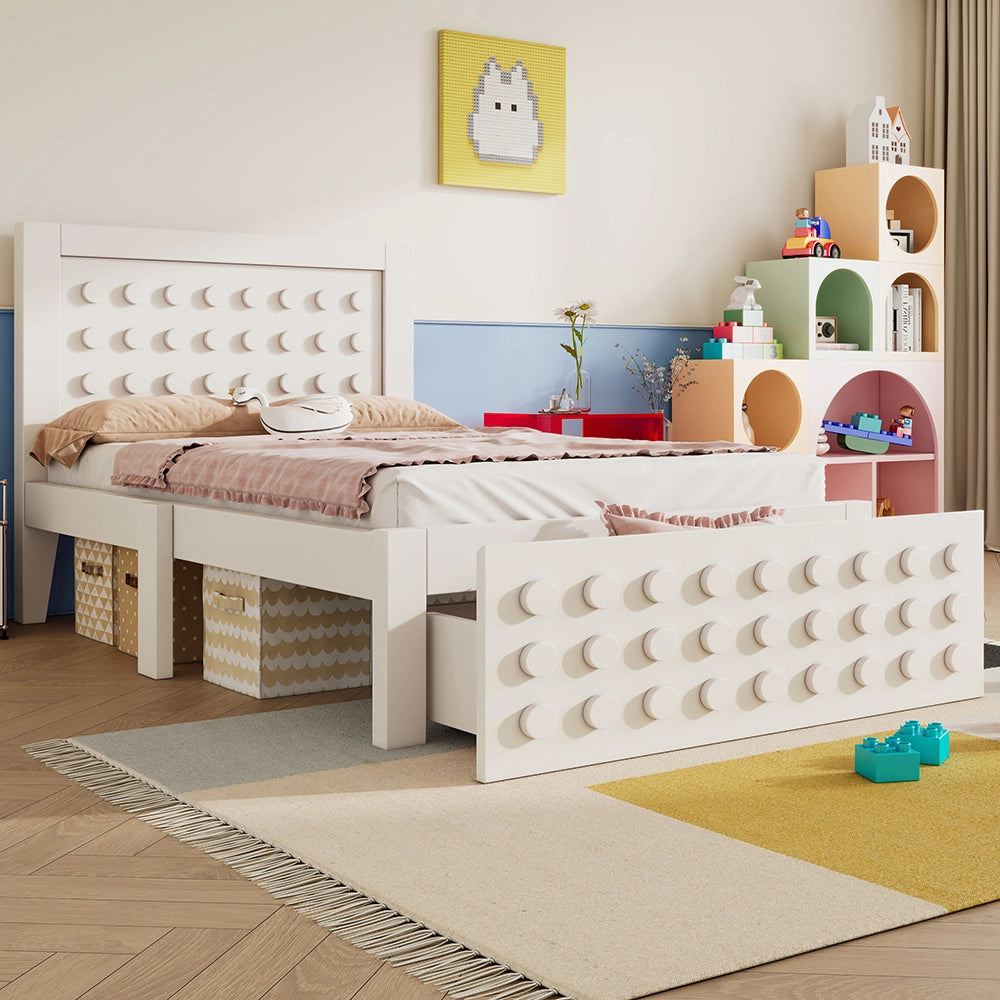 Letto bambino-Xylo-90x190 cm-design a blocchi, cassetti, contenitore, bianco, senza materasso