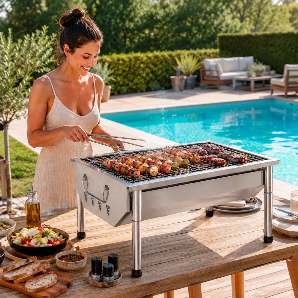 Barbecue A Carbone Portatile In Acciaio Inox Con Griglia Smontabile Gambe Pieghevoli Design Compatto Per Campeggio Picnic Giardino Outdoor 40 X 28 X 21.5 Cm Acciaio